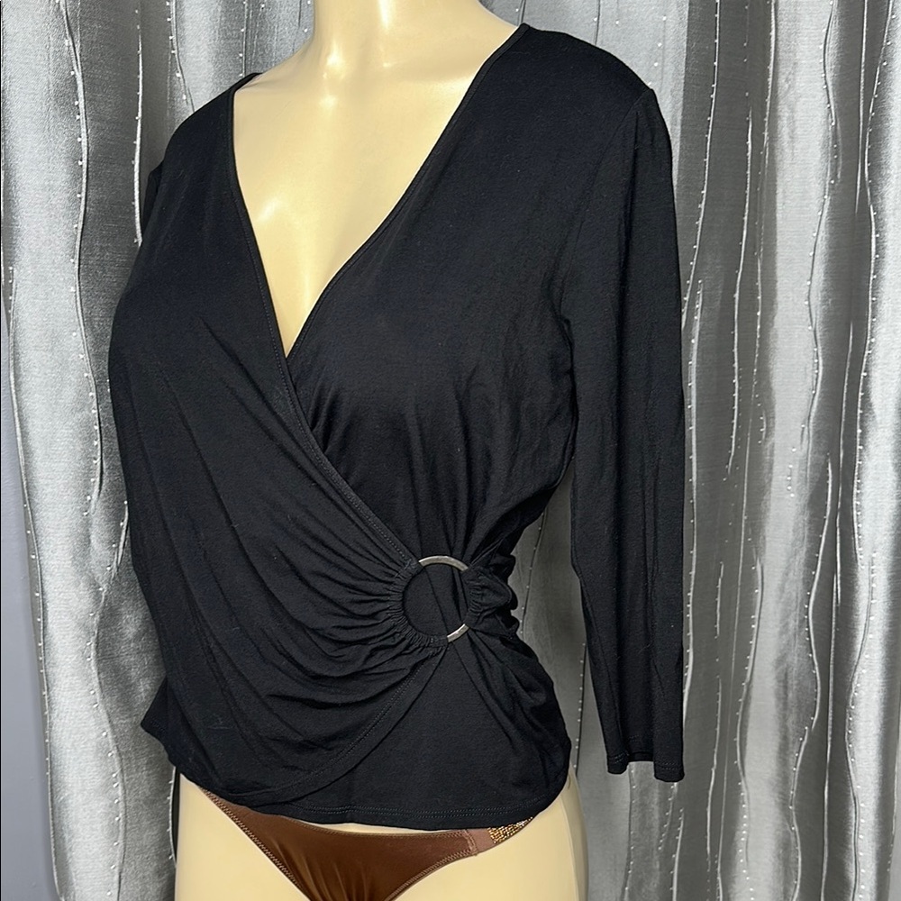 Daisy Fuentes Black Wrap Blouse with Ring Detail Sz L
